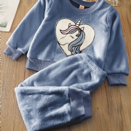 Jente Fleece Unicorn Pullover Topp + Buksesett Barneklær