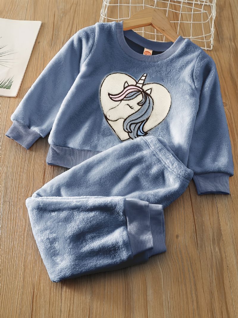 Jente Fleece Unicorn Pullover Topp + Buksesett Barneklær