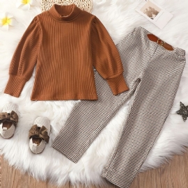 Jenter Elegant Strikket Turtleneck Genser & Houndstooth Print Bukser Til Fest