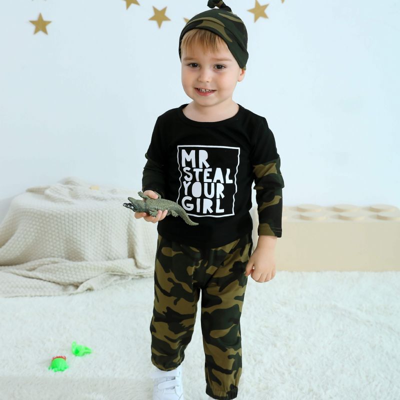 Småbarn Baby Gutter Antrekk Langermet Crew Neck Camo Alfabet Print Skjorte & Jogger Snøringsbukser