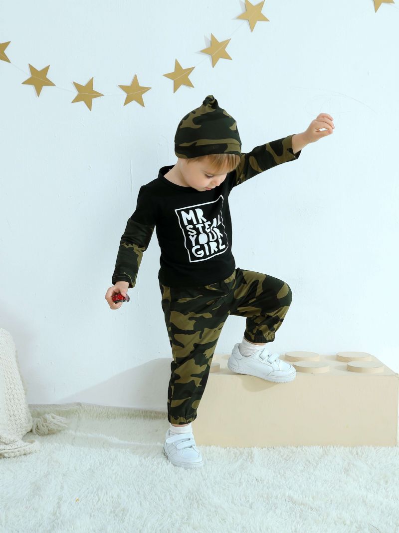 Småbarn Baby Gutter Antrekk Langermet Crew Neck Camo Alfabet Print Skjorte & Jogger Snøringsbukser