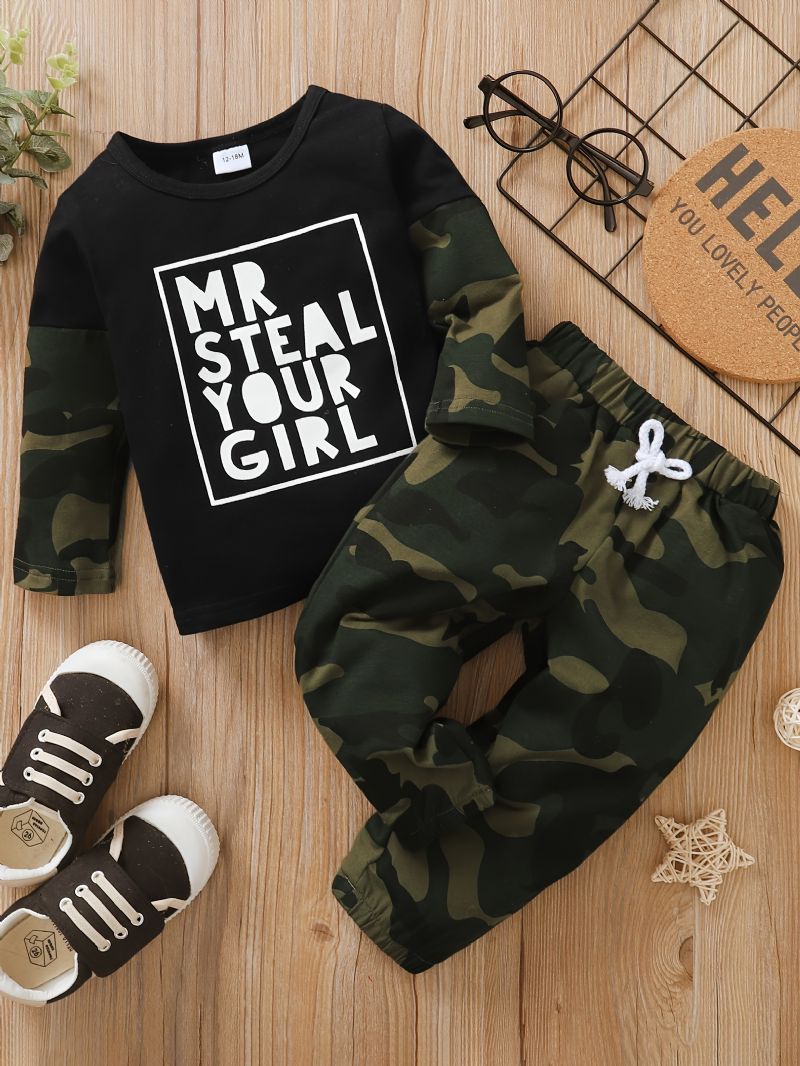 Småbarn Baby Gutter Antrekk Langermet Crew Neck Camo Alfabet Print Skjorte & Jogger Snøringsbukser