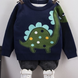 Baby Gutter Dinosaur Mønster Genser Rund Hals Strikket