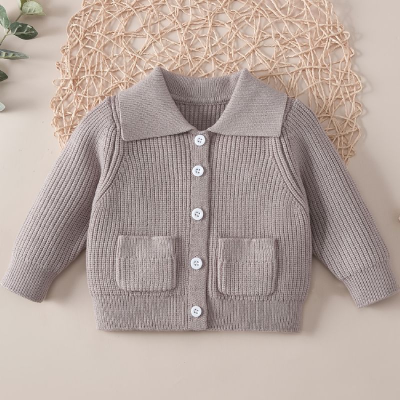 Baby Jenter Ensfarget Genser Lapel Button Lomme Strikket Cardigan Småbarnsklær