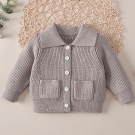 Baby Jenter Ensfarget Genser Lapel Button Lomme Strikket Cardigan Småbarnsklær