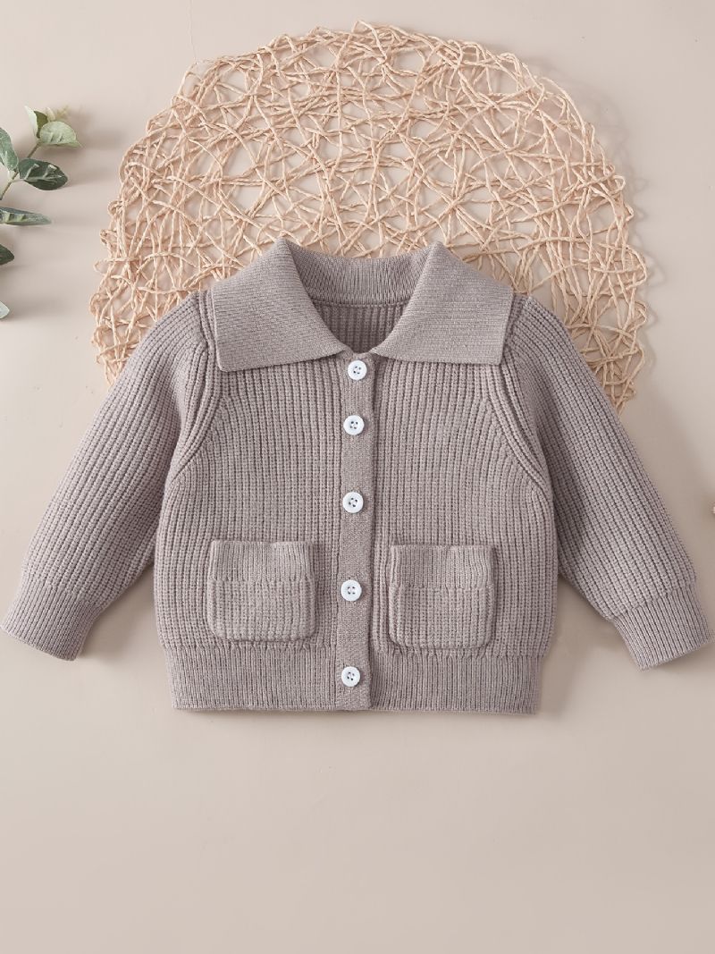 Baby Jenter Ensfarget Genser Lapel Button Lomme Strikket Cardigan Småbarnsklær