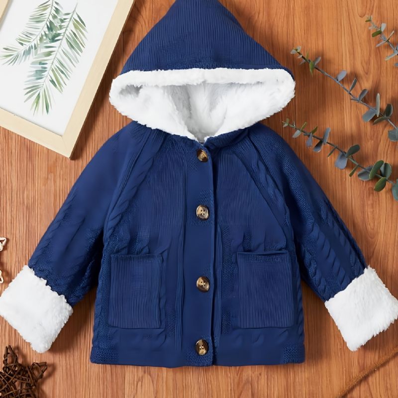 Baby Jenter Fleece Termisk Strikket Hette Genser Jakke Langermet Button Down Yttertøy Til Vinteren