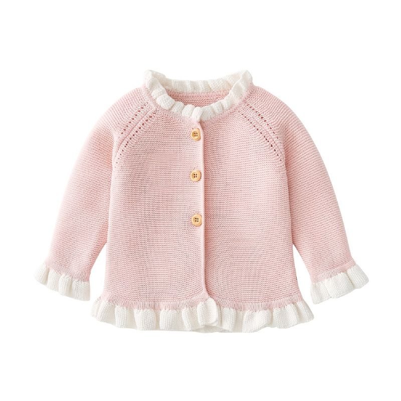 Baby Jenter Rosa Volanger Strikket Cardigan Langermet Rund Hals Genser Småbarnsklær