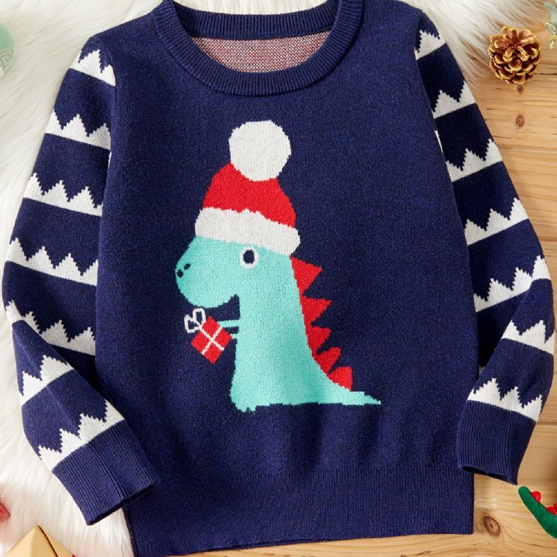 Barn Jenter Gutter Crew Neck Genser Med Dinosaur Mønster For Vinter Jul Barneklær