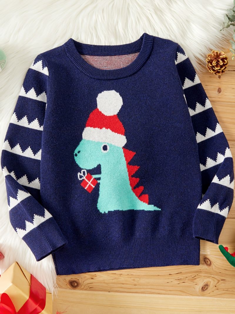 Barn Jenter Gutter Crew Neck Genser Med Dinosaur Mønster For Vinter Jul Barneklær