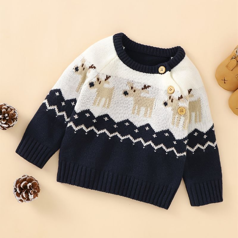 Christmas Baby Gutter Strikket Cartoon Elk Crew Neck Genser