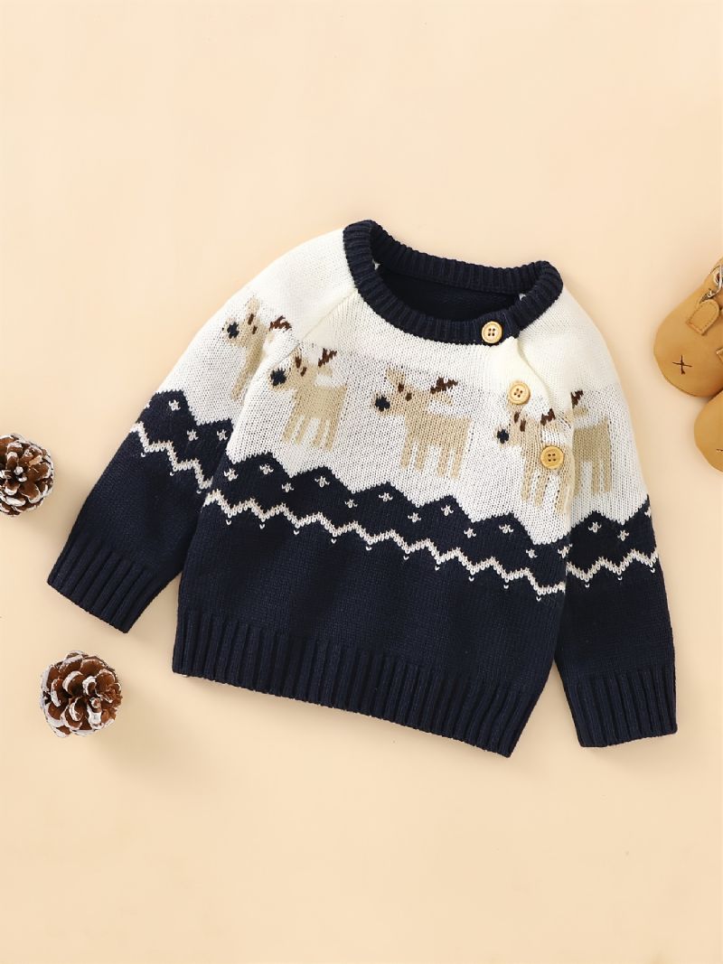 Christmas Baby Gutter Strikket Cartoon Elk Crew Neck Genser