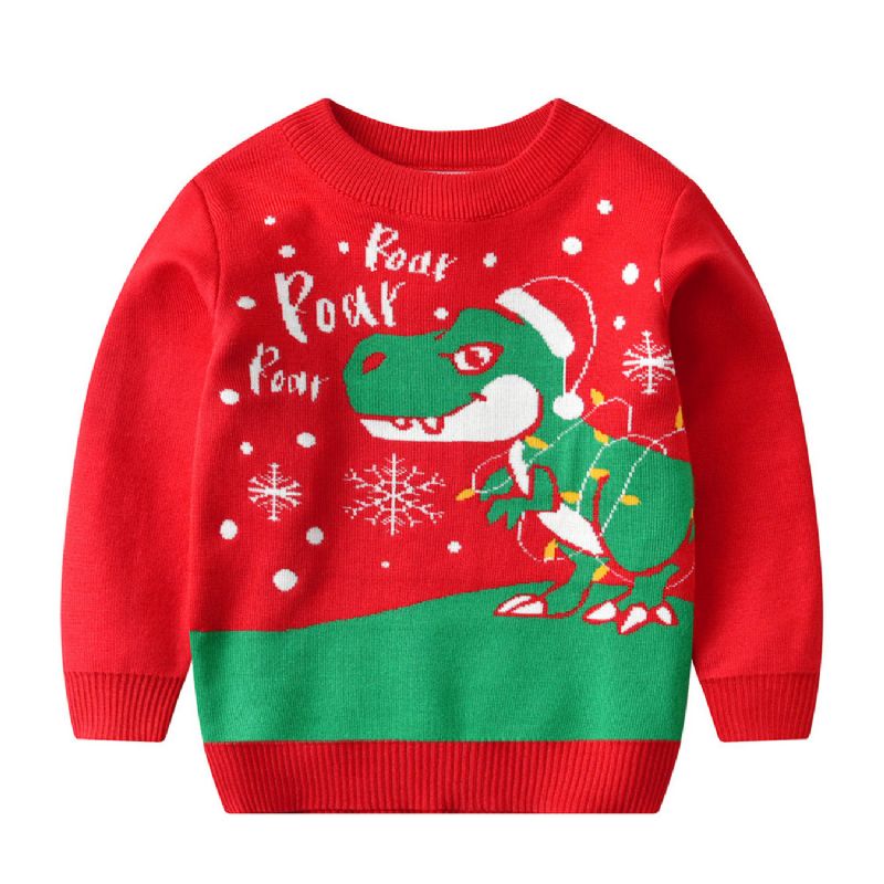 Christmas Barn Søt Tegneserie Dinosaur Crew Neck Strikket Genser