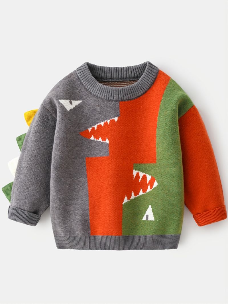 Gutter Dinosaur Genser Rundhals Langermet Spleising Strikket Pullover Barneklær