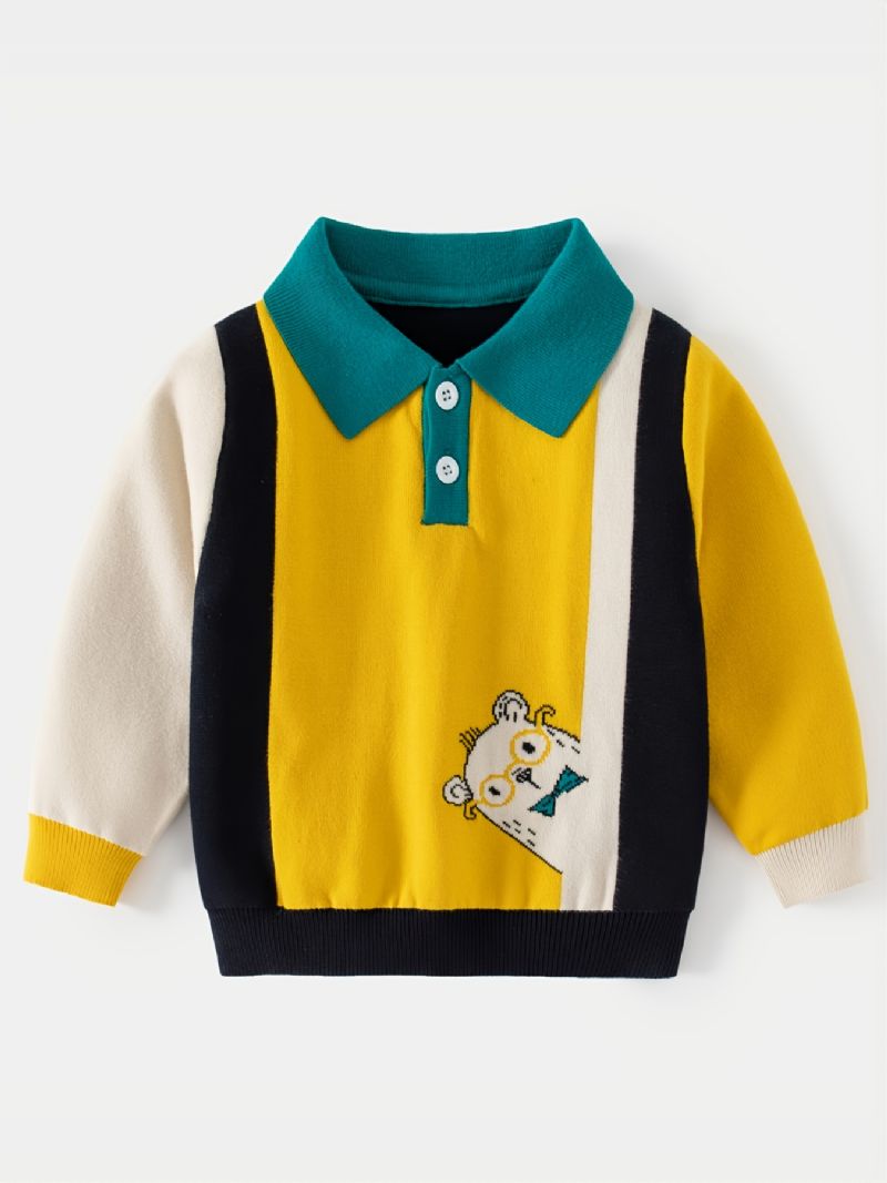 Gutter Genser Tegneseriemønster Lapel Langermet Colorblock Pullover