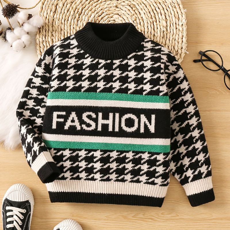 Gutter Houndstooth Genser Letter Rund Hals Strikket Casual Pullover