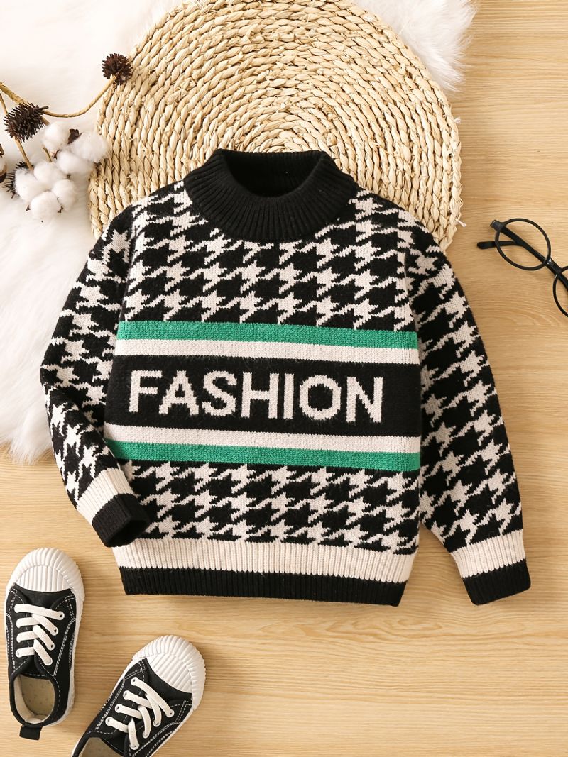 Gutter Houndstooth Genser Letter Rund Hals Strikket Casual Pullover