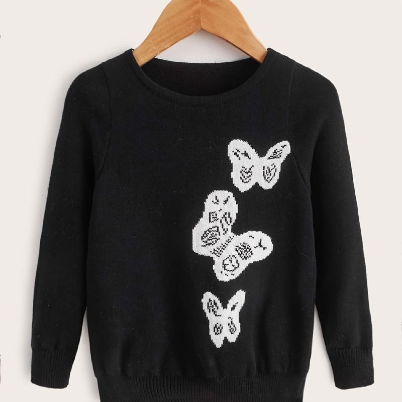 Jenter Casual Strikket Crew Neck Pullover Genser Med Butterfly Print For Winter Black