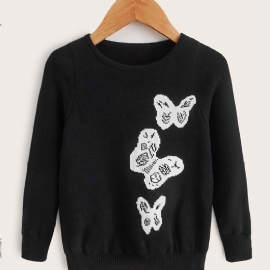 Jenter Casual Strikket Crew Neck Pullover Genser Med Butterfly Print For Winter Black