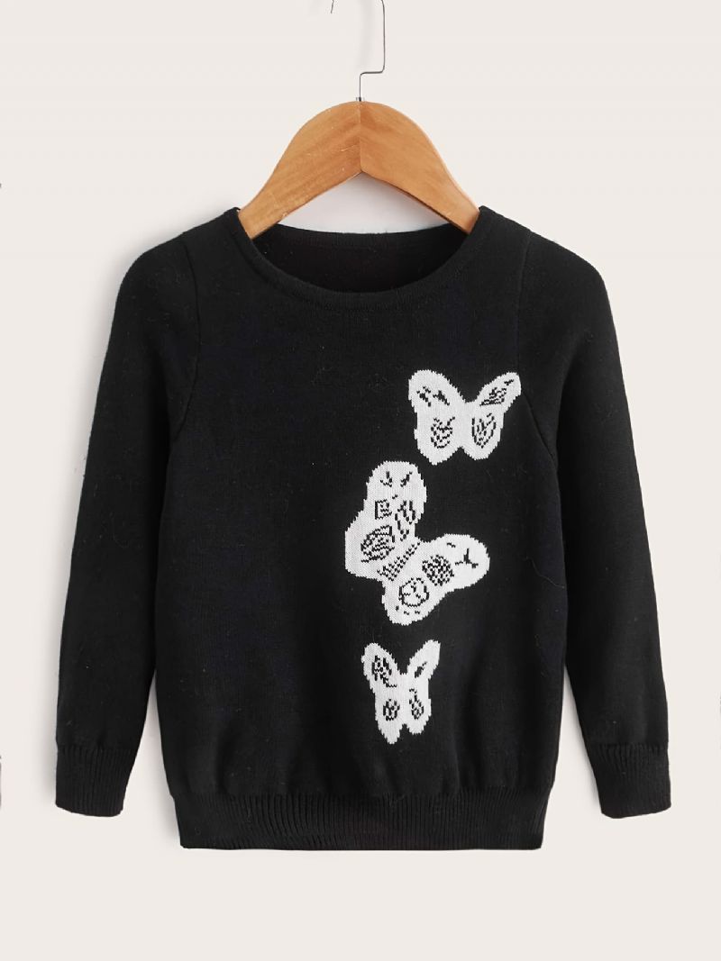 Jenter Casual Strikket Crew Neck Pullover Genser Med Butterfly Print For Winter Black