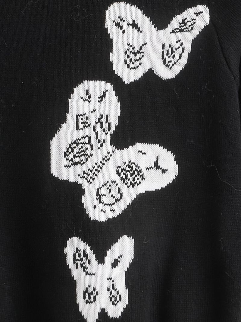 Jenter Casual Strikket Crew Neck Pullover Genser Med Butterfly Print For Winter Black