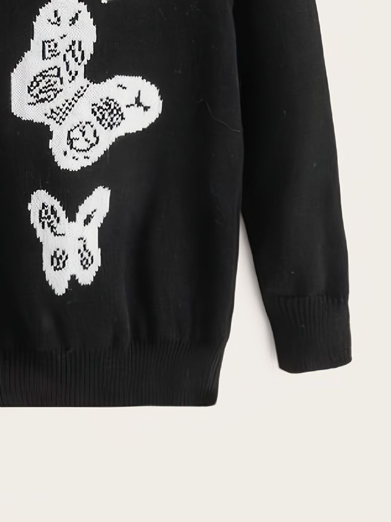 Jenter Casual Strikket Crew Neck Pullover Genser Med Butterfly Print For Winter Black
