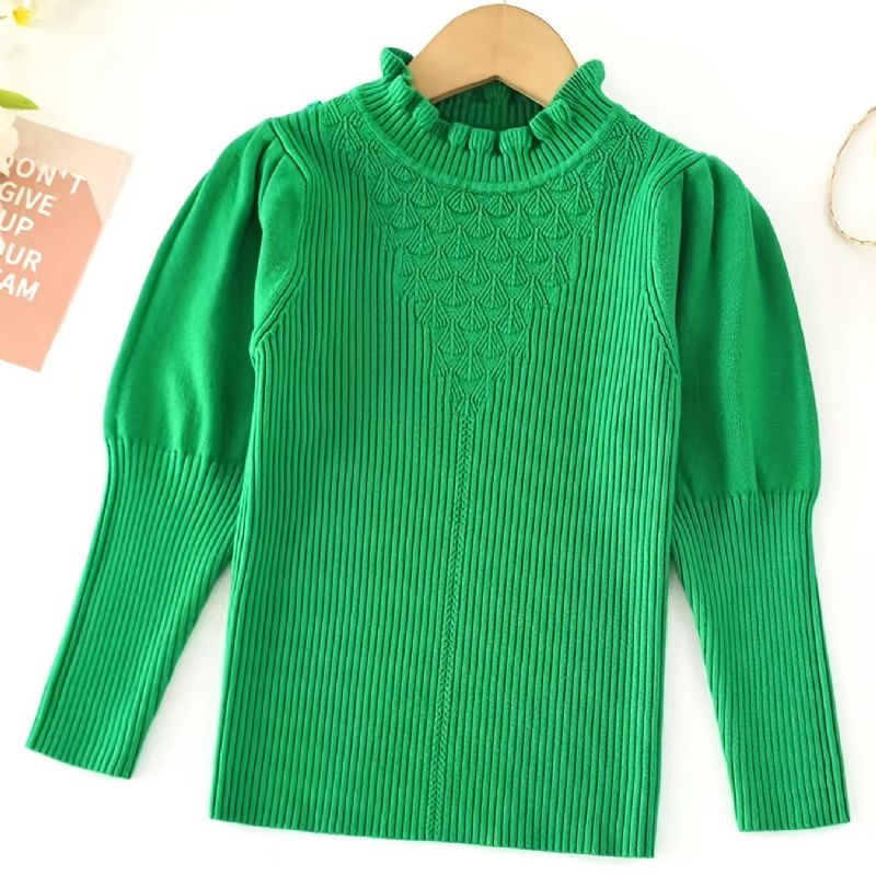 Jenter Casual Strikket Ribbed Puff Ermer Genser For Vinter