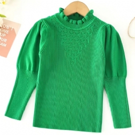 Jenter Casual Strikket Ribbed Puff Ermer Genser For Vinter