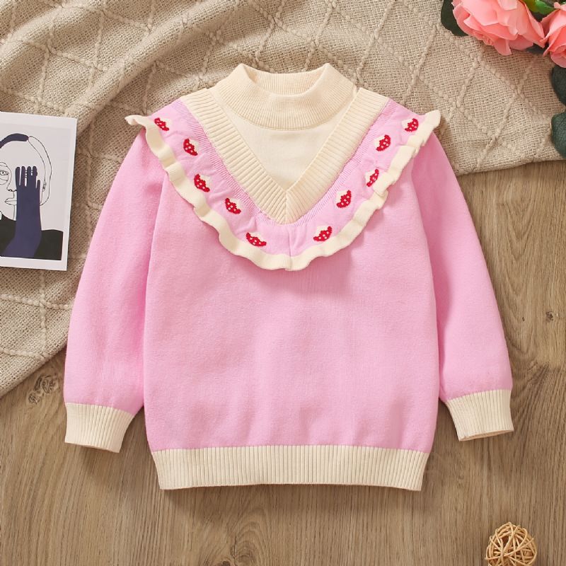 Jenter Ruffle Design Color Block Strawberry Knitted Pullover Genser Barneklær Til Vinteren