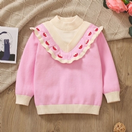 Jenter Ruffle Design Color Block Strawberry Knitted Pullover Genser Barneklær Til Vinteren