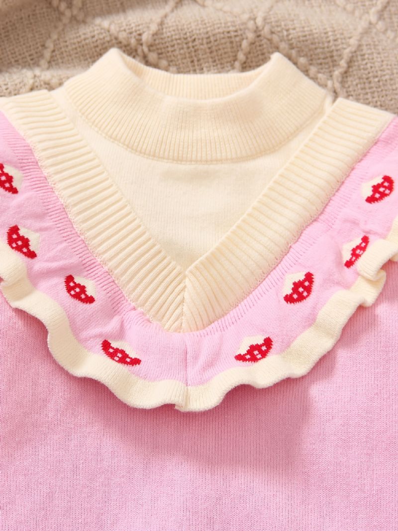 Jenter Ruffle Design Color Block Strawberry Knitted Pullover Genser Barneklær Til Vinteren