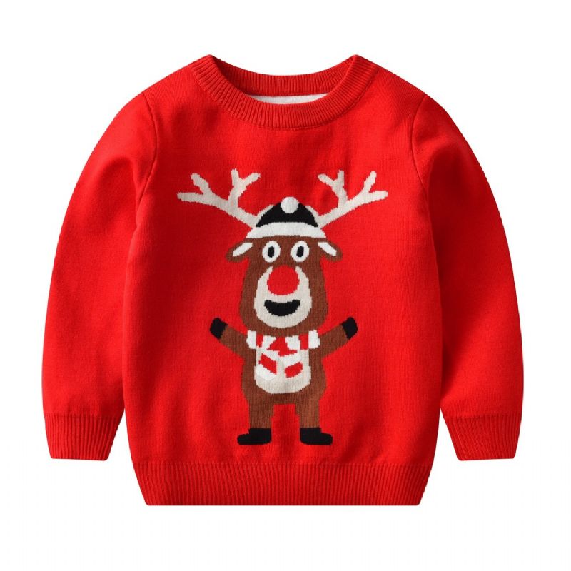 Kids Christmas Elg Mønster Genser Rund Hals Strikket Pullover Gutter Jenter