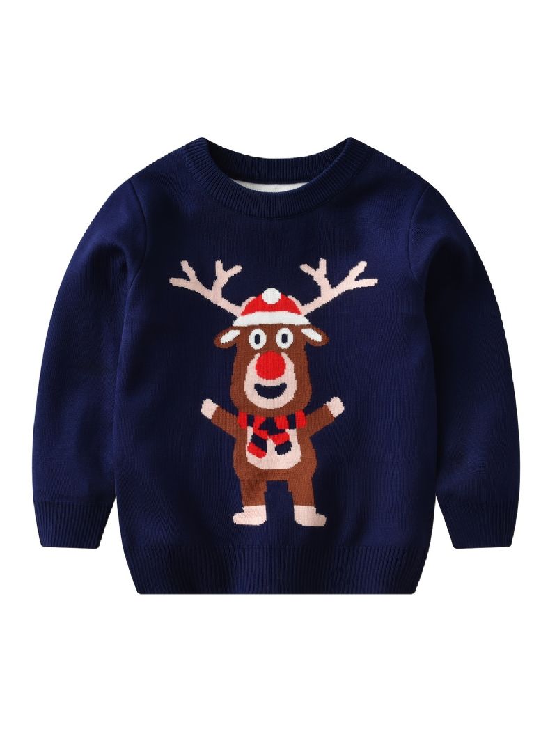 Kids Christmas Elg Mønster Genser Rund Hals Strikket Pullover Gutter Jenter