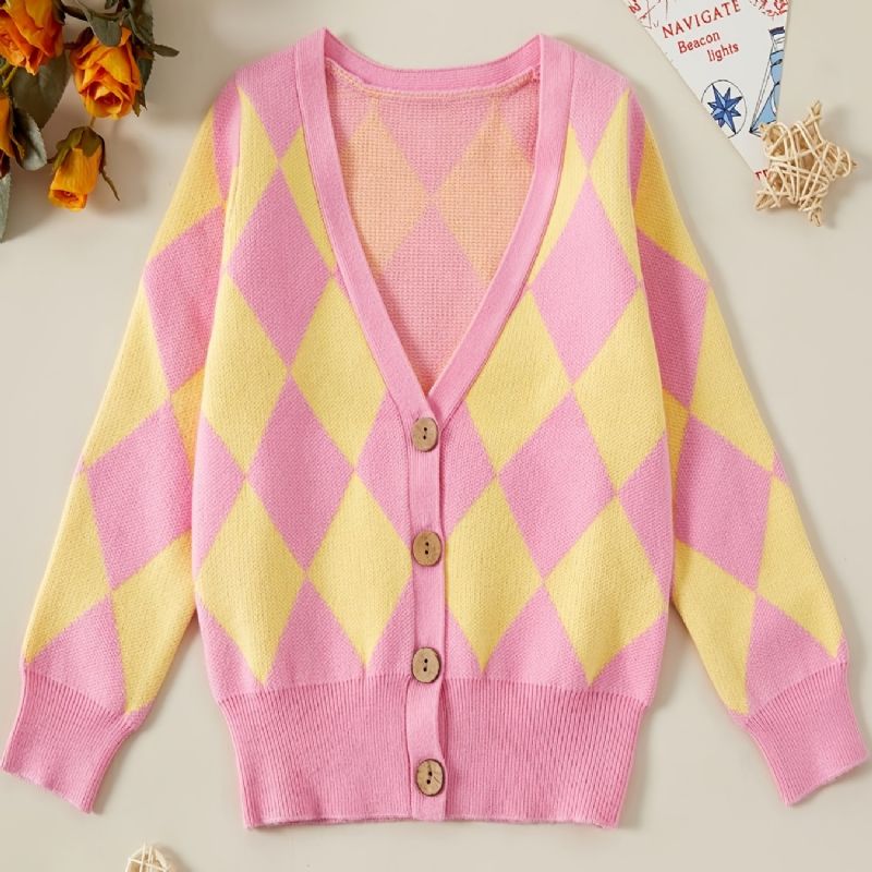 Kids Jenter Rhombus Knit Cardigan Button-up Genser For Vinter Barneklær