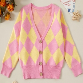 Kids Jenter Rhombus Knit Cardigan Button-up Genser For Vinter Barneklær