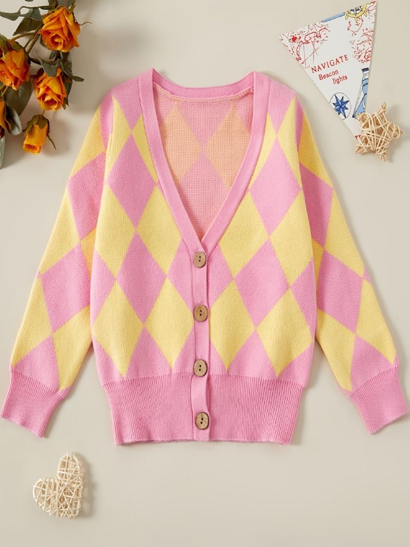 Kids Jenter Rhombus Knit Cardigan Button-up Genser For Vinter Barneklær