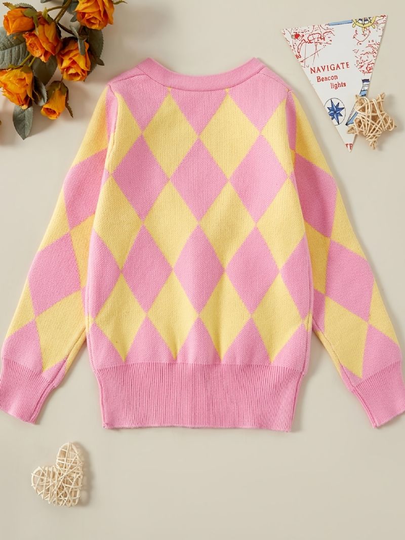 Kids Jenter Rhombus Knit Cardigan Button-up Genser For Vinter Barneklær