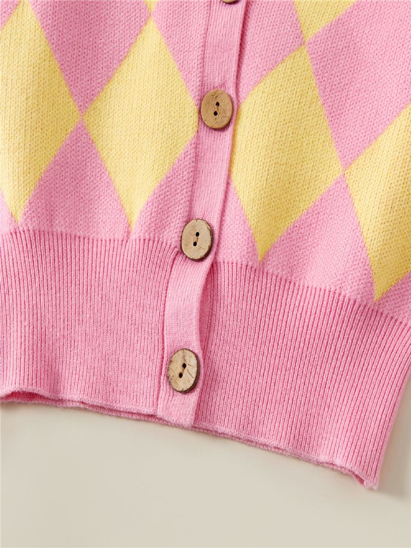 Kids Jenter Rhombus Knit Cardigan Button-up Genser For Vinter Barneklær