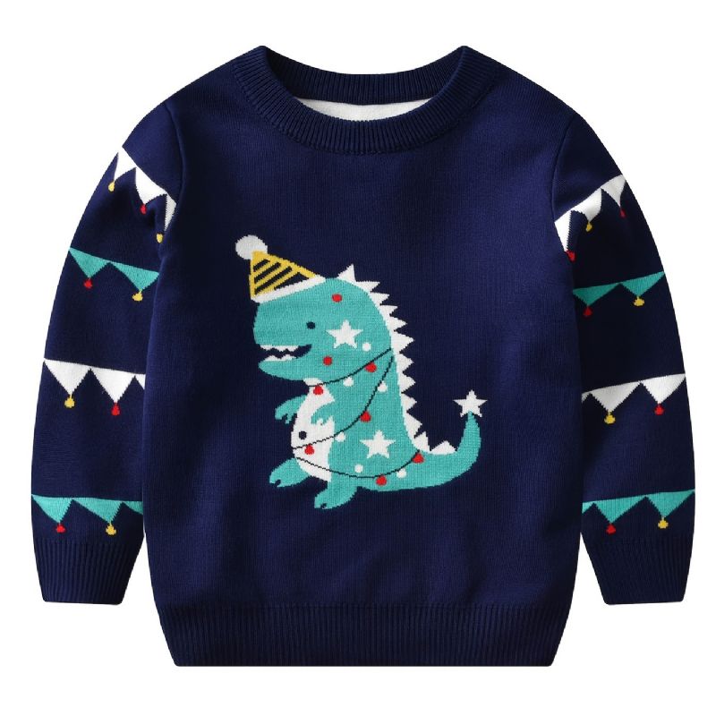 Småbarn Baby Gutter Jenter Jul Tegneserie Dinosaur Print Crew Neck Strikket Genser