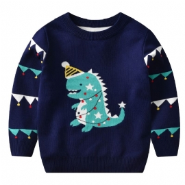 Småbarn Baby Gutter Jenter Jul Tegneserie Dinosaur Print Crew Neck Strikket Genser