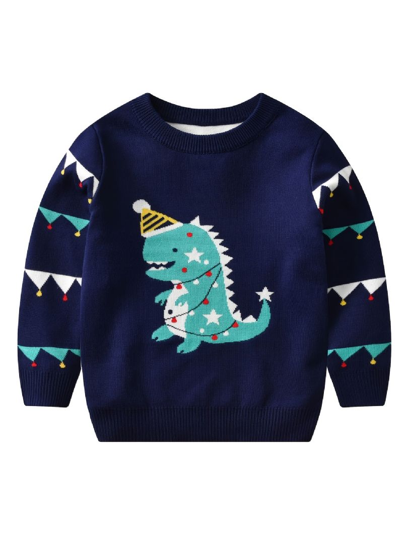 Småbarn Baby Gutter Jenter Jul Tegneserie Dinosaur Print Crew Neck Strikket Genser