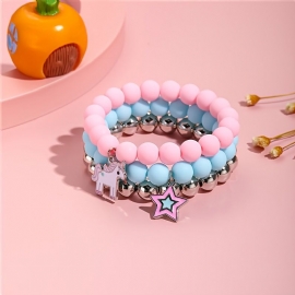 Sett Med 3 Barnesmykker Candy Color Beaded Armbånd Unicorn Barnearmbånd