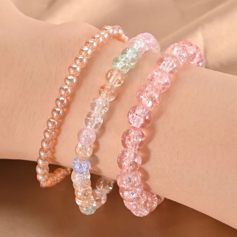 Translucence Crackle Beads Armbånd 3 Stk Godterifarge Syntetiske Edelstener Perler Strekkbare Søte Smykker For Kvinner Og Jenter Daglige Klær Antrekk Bursdagsgaver