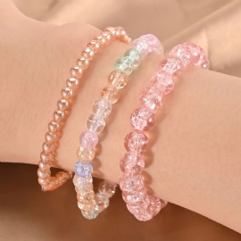 Translucence Crackle Beads Armbånd 3 Stk Godterifarge Syntetiske Edelstener Perler Strekkbare Søte Smykker For Kvinner Og Jenter Daglige Klær Antrekk Bursdagsgaver