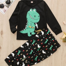 2 Stk Baby Gutter Dinosaur Print Rund Hals Langermet T-skjorte Topper Og Bukser Barneklær Sett