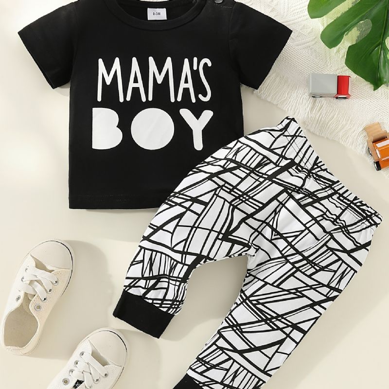 2 Stk Gutter Casual Mamas Print T-shirt & Striped Buksesett