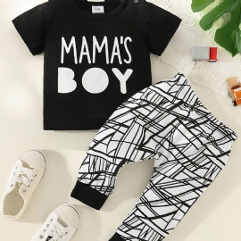 2 Stk Gutter Casual Mamas Print T-shirt & Striped Buksesett