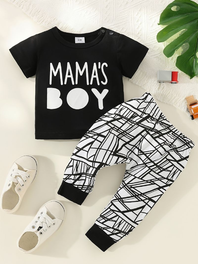 2 Stk Gutter Casual Mamas Print T-shirt & Striped Buksesett