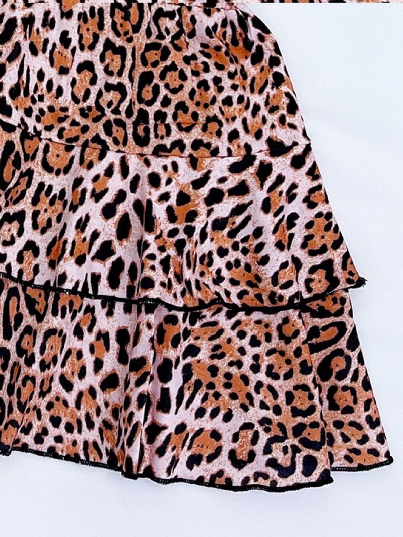 2stk Jenter Leopard Print Skjørt Langermet T-skjorte Sett