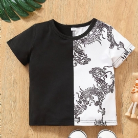 Baby Gutter Casual Color Block Dragon Print T-skjorte Kortermet Crew Neck Topp Hvit Svart